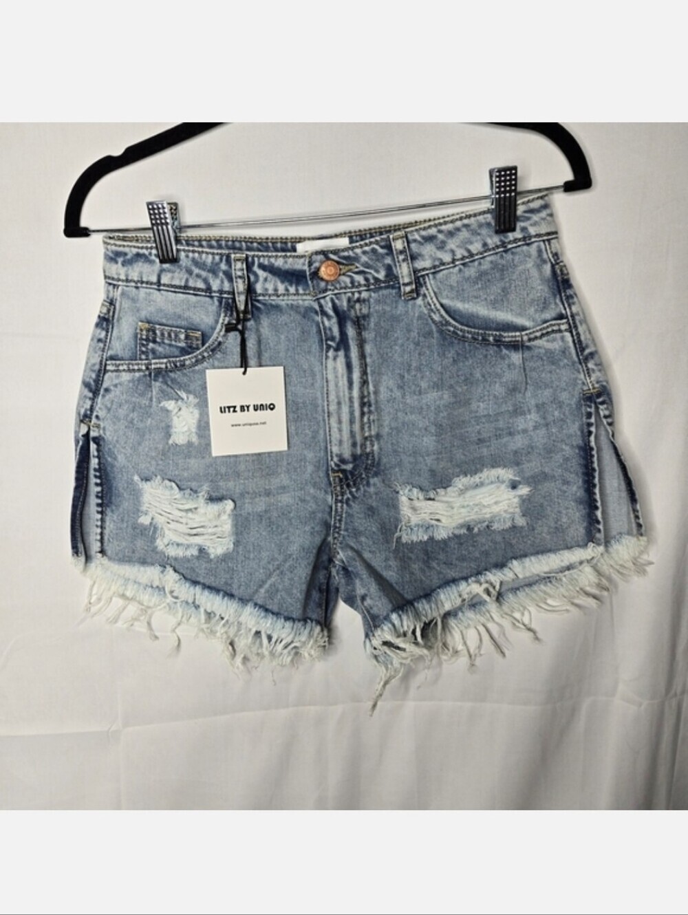 Blue Mid Waist Side Slit Destroyed Denim Shorts Distressed Sexy